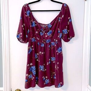 Xhilaration tie front square back peasant babydoll floral print tunic top L